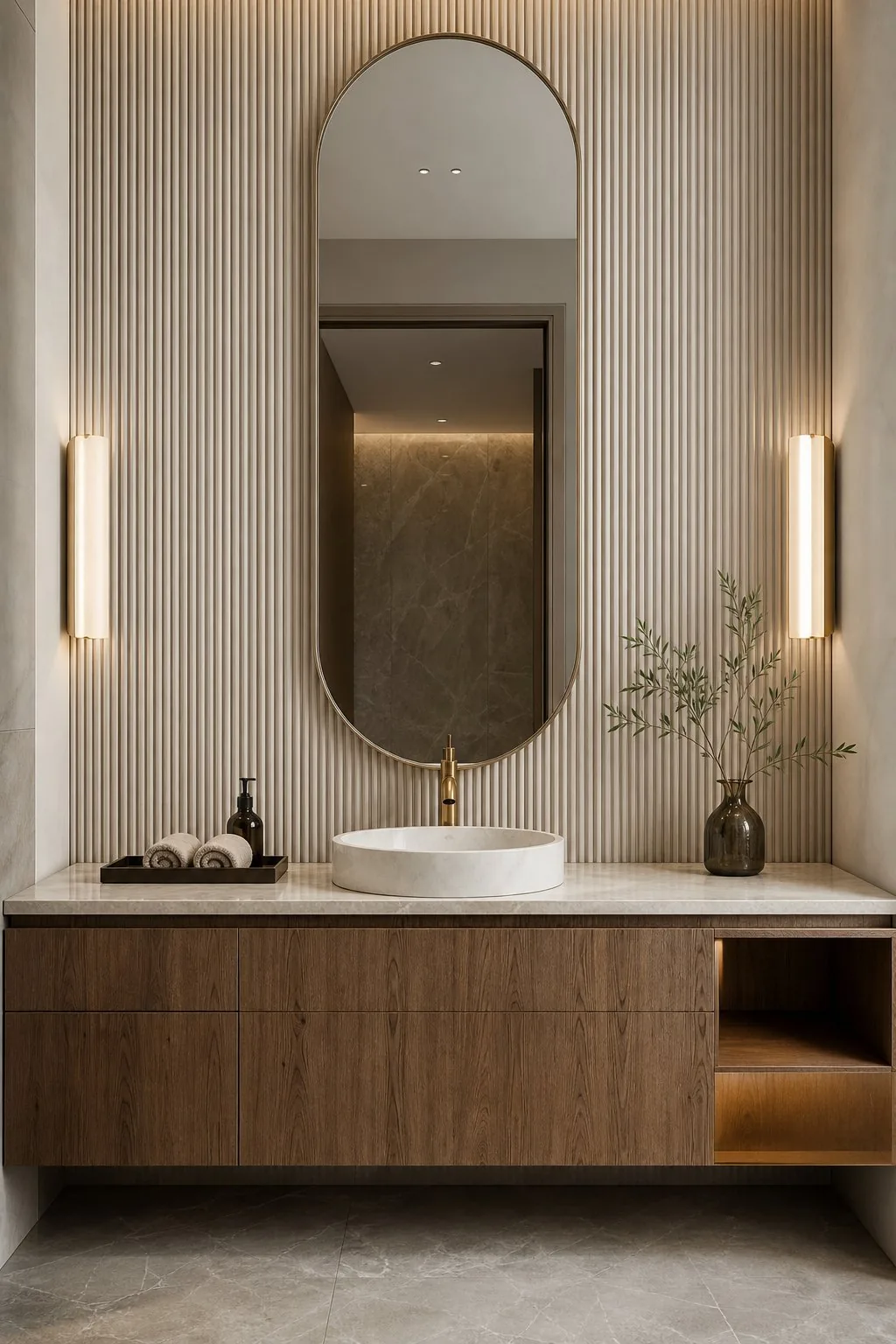 Wood Vanity with Textured Wall
